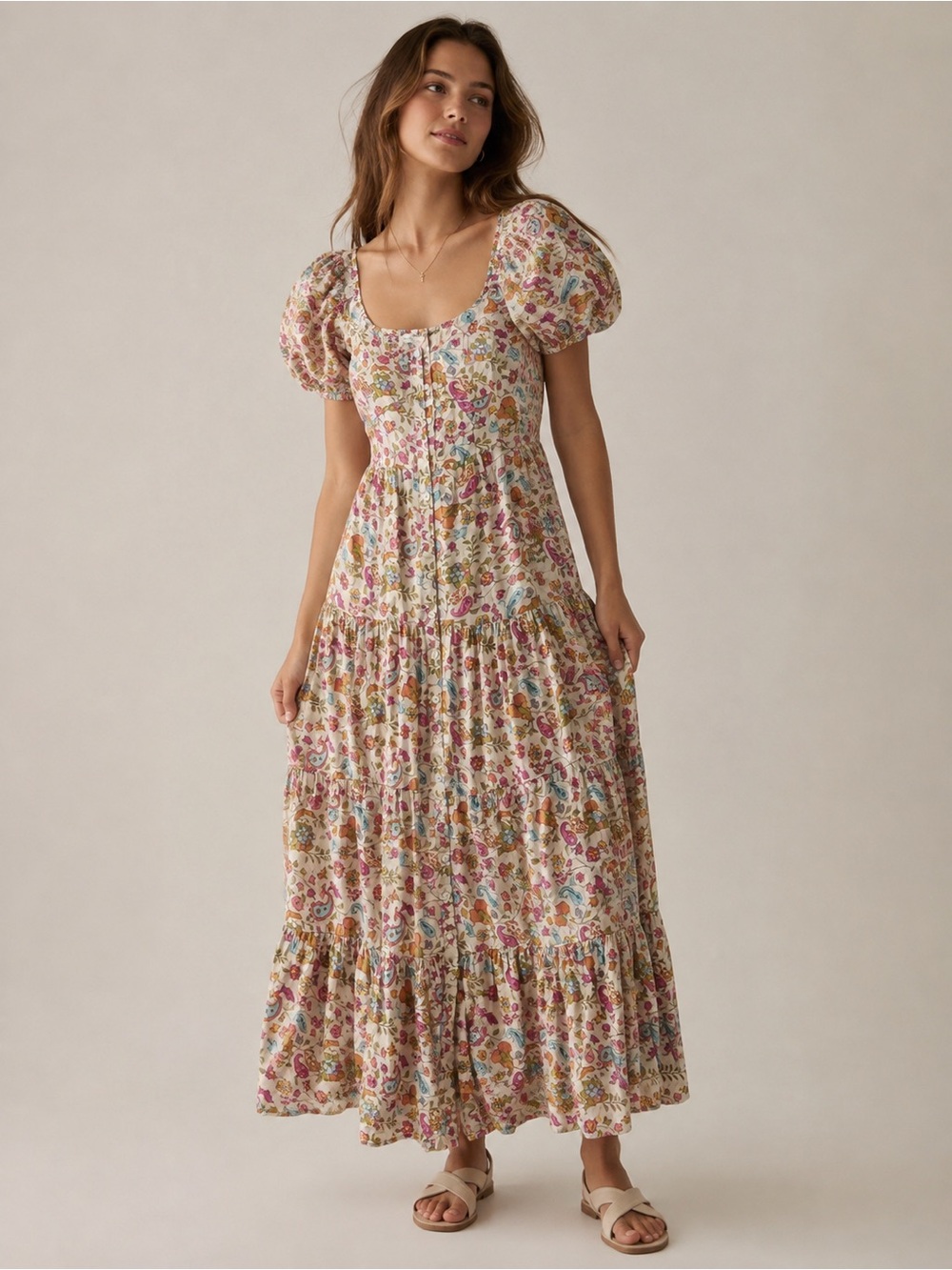 Natural Life | Puff Sleeve Floral Tiered Midi Maxi Dress Size Small